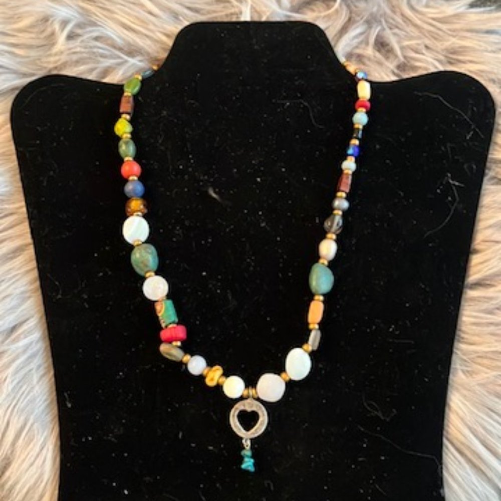 Vintage Peyote Bird Sterling, Multi-Gemstone & Glass Bead Necklace w/Open Heart - Picture 3 of 8